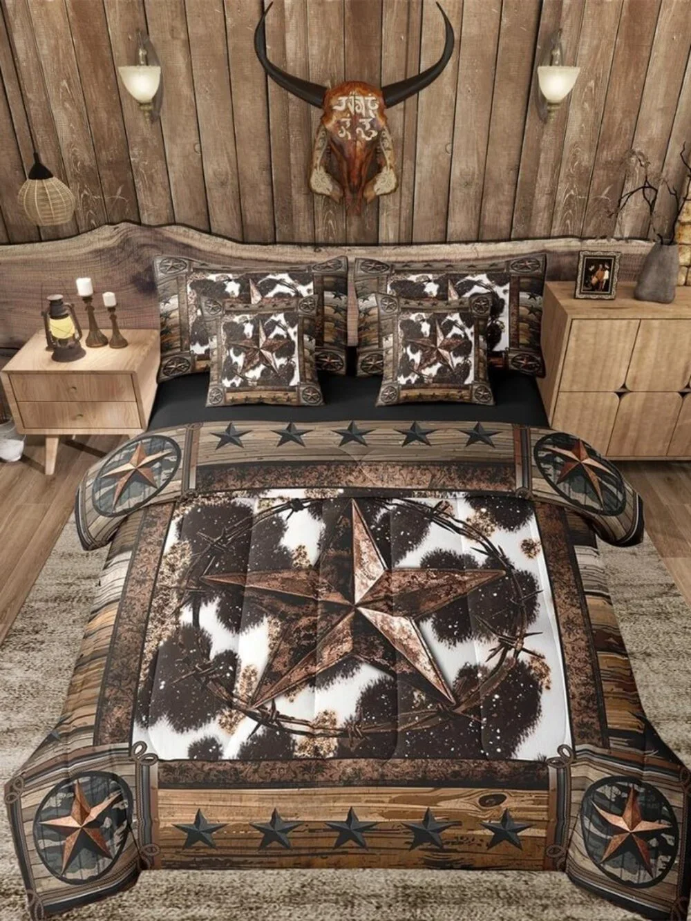 Brown Western Aztec 7 Pieces Bedding Set Queen Size West Texas Star Comforter Se